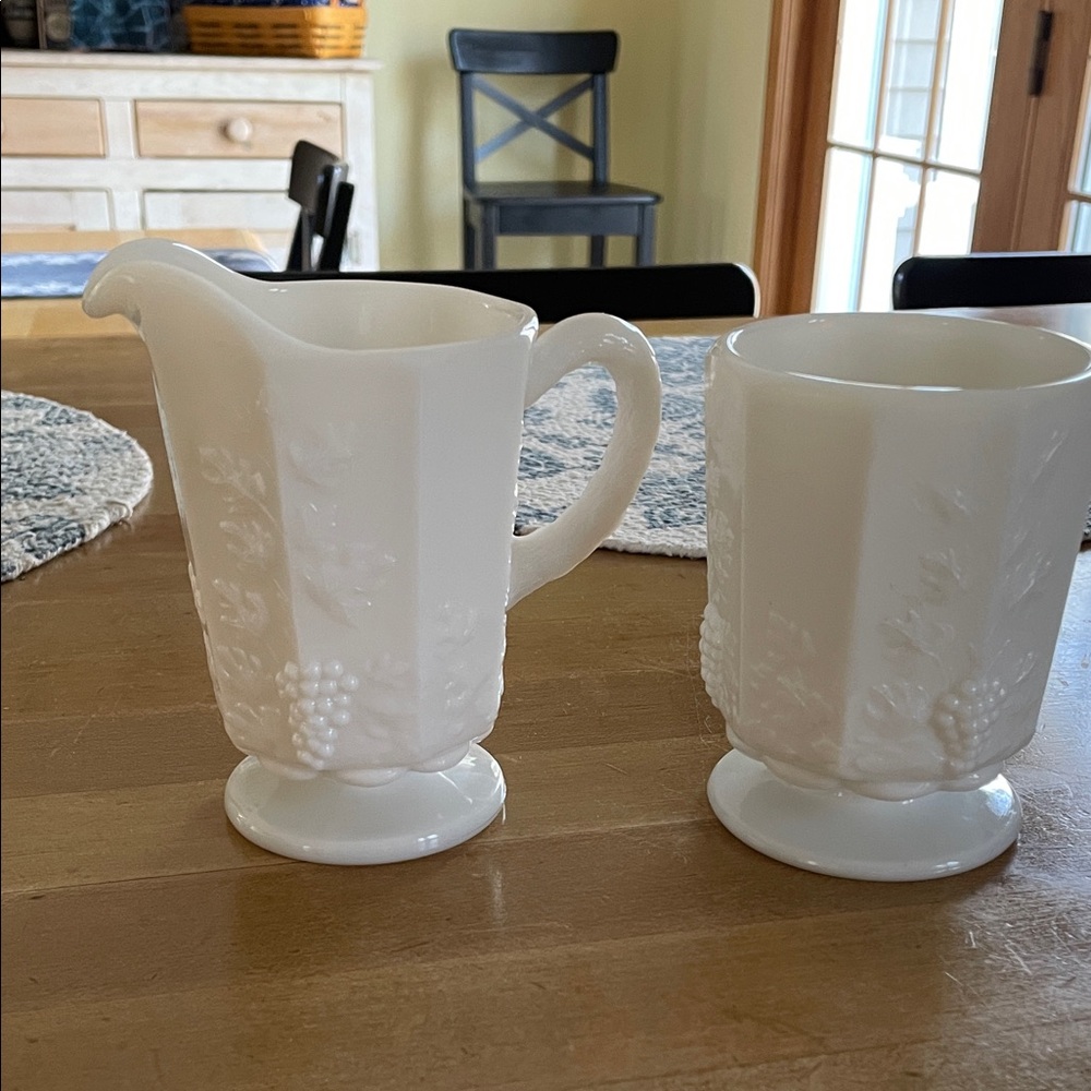 White Milk Glass Creamer and Sugar/Tumbler Set with Grape Motif